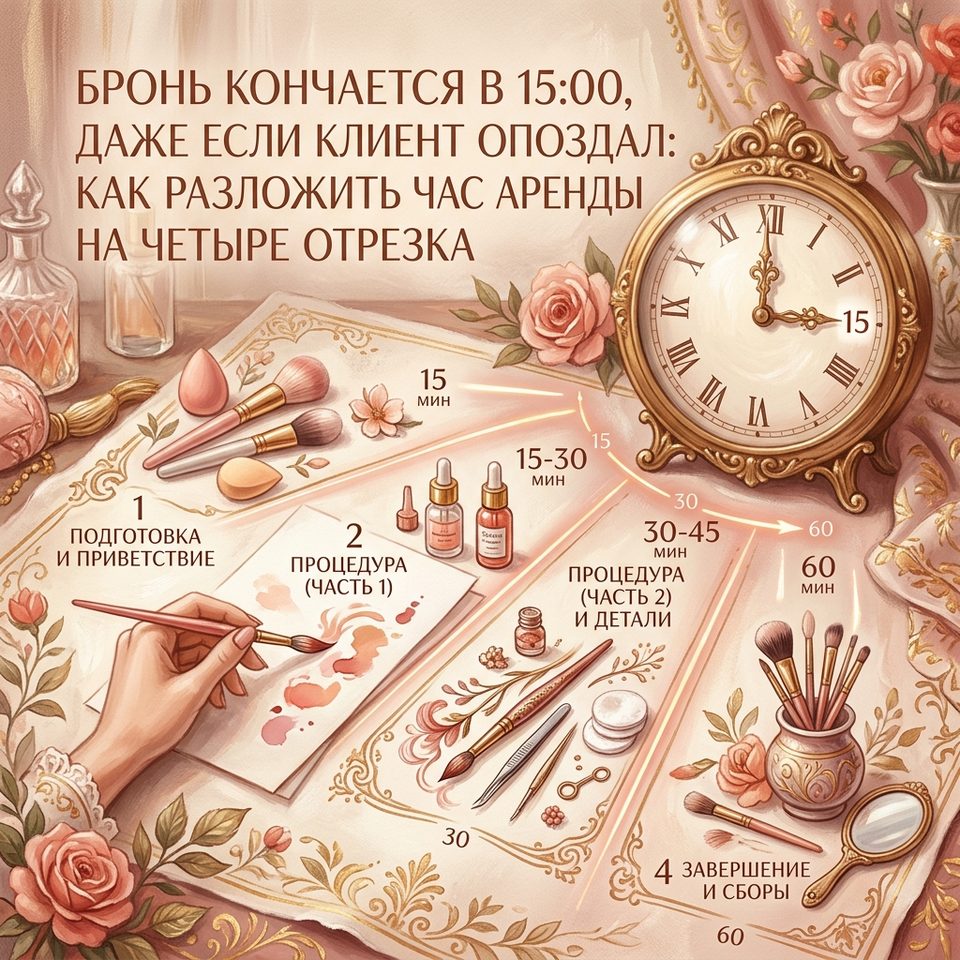 Редакционная иллюстрация: Бронь кончается в 15:00, даже если клиент опоздал: как разложить час аренды на четыре отрезка